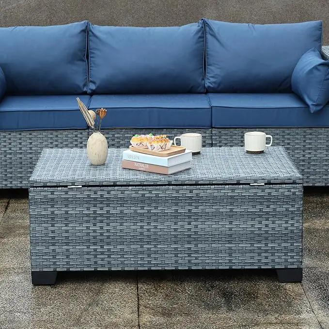 Outdoor Storage Table Wicker Patio Coffee Table All-Weather Rattan Side Table with Waterproof Cover, Grey by GreenHaven Gardens