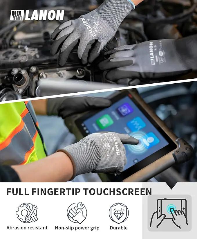 LANON 18 Pairs Safety Work Gloves, Mechanic Working Gloves for Men,Breathable PU Coated, Seamless Knit,Double Wash, Grey, Large by GreenHaven Gardens
