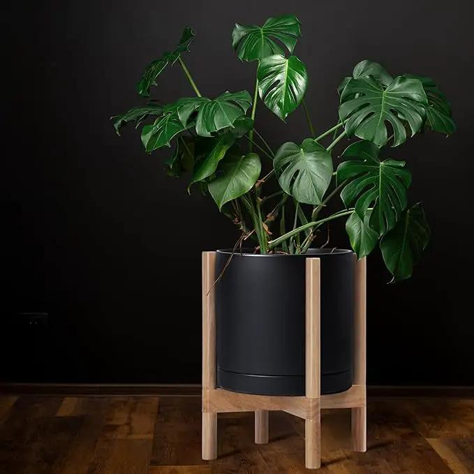 D'vine Dev Ceramic Planter with Natural Stand - 12 Inch Modern Round Flower Pot with Wood Planter Holder, Black, 55-B-J-2 by GreenHaven Gardens