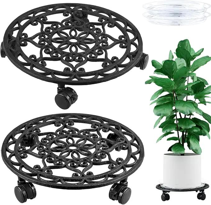 2 Packs Rolling Plant Stand with Wheels Metal Plant Caddy with Wheels Heavy Duty 13'' Round Plant Stand Indoor Iron Plants Rollers for Plants, Plant Dolly with Plant Saucers by GreenHaven Gardens
