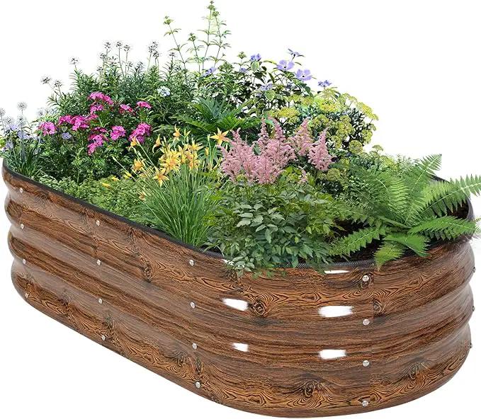 Galvanized Raised Garden Bed Outdoor - 4×2×1ft Planter Raised Beds for Gardening | Oval Metal Garden Planter Box with Safety Edging and Gloves for Vegetables Fruits and Flowers - Grain by GreenHaven Gardens