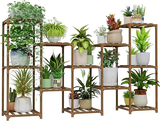 Bamworld Large Plant Shelf Outdoor Wood Plant Stand Large Rack for Living Room Patio, Balcony and Garden by GreenHaven Gardens