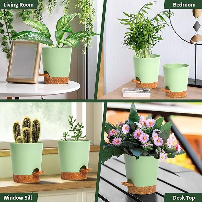 4 inch Small Plant Pots for Outdoor Indoor Plants, 5 Pack Planters with Drainage Holes and Tray, Small Self Watering Pots for Succulent,Cactus, Aloe and Other Plants (Green) by GreenHaven Gardens