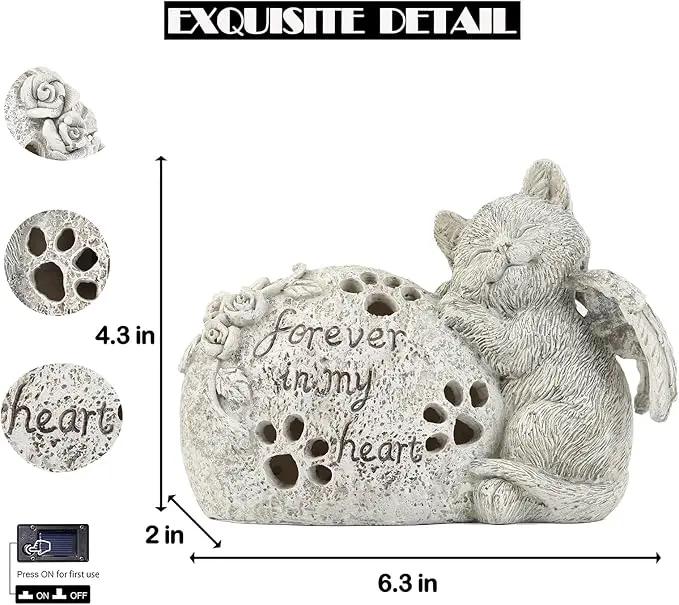 Cat Memorial Gifts Outdoor Statue with Solar Lights,Outdoor Resin Pet Ornament Grave Memorial Angel Decor Stone Effect by GreenHaven Gardens