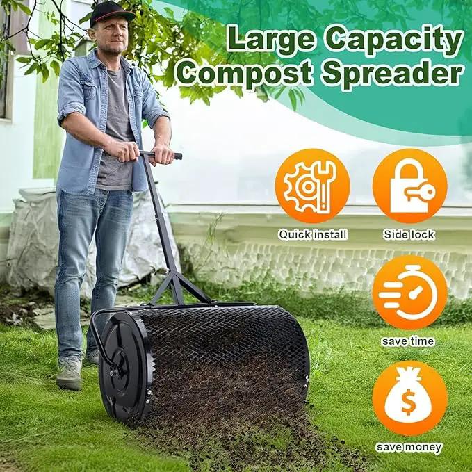 Compost Spreader, Durable Lawn Roller, Manure Spreader with Upgrade T Shaped Handle, Top Soil Spreader for Lawn and Garden Care Manure Spreaders Roller (16 Inch-T-Black-S) by GreenHaven Gardens
