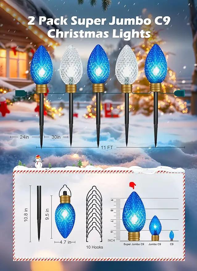 Moonflor Strawberry Super Jumbo Christmas Lights Outdoor - 2Pack Total 22FT 10 LED C9 Christmas Pathway String Lights,Christmas Lights Outdoor Decorations for Lawn Holiday Yard Walkway, Blue White by GreenHaven Gardens