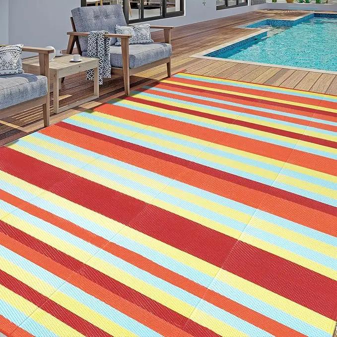 Outdoor Waterproof Rug 6'x9' Plastic Straw Rugs Washable Reversible Floor Mat Rainbow Stripe Carpet for Camping RV Deck Entryance Porch Picnic Balcony Beach Backyard by GreenHaven Gardens