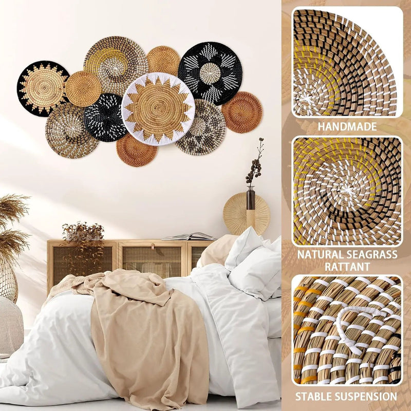 Xuhal 11 Pcs Boho Hanging Wall Basket Decor Handmade Woven Basket Wall Decorative Boho Wicker Baskets Placemats Round Farmhouse Bulrush Art for Rustic Home Decorations Christmas Gift(Stylish) by GreenHaven Gardens