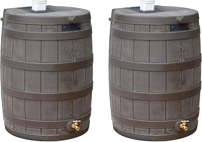 Good Ideas 50 Gallon Large Faux Wood Plastic Rain Water Barrel Collector with Brass Spigot for Rainwater Collection and Storage, Oak, 2 Pack by GreenHaven Gardens