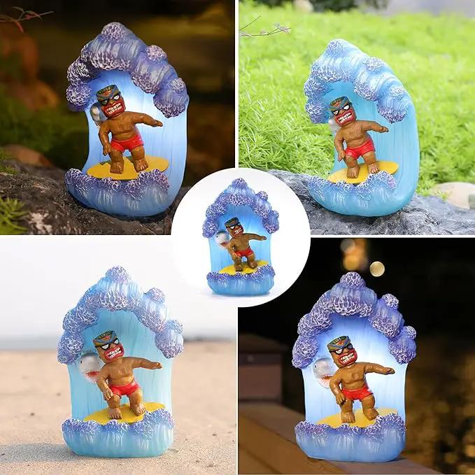 Solar Tiki Statue Decor-Garden Statue Outdoor Ornaments - Tiki Man Surfing Waterproof Decoration Figurine for Tiki Bar,Patio,Balcony,Yard,Lawn,Table by GreenHaven Gardens