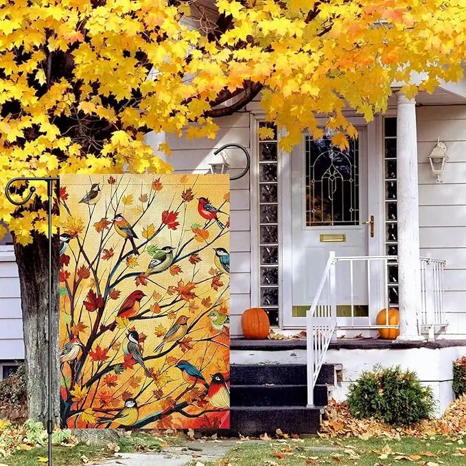 Louise Maelys Welcome Fall Garden Flag 12x18 Double Sided, Small Burlap Autumn Maple Tree Birds Thanksgiving Outside Outdoor House Yard Decor by GreenHaven Gardens