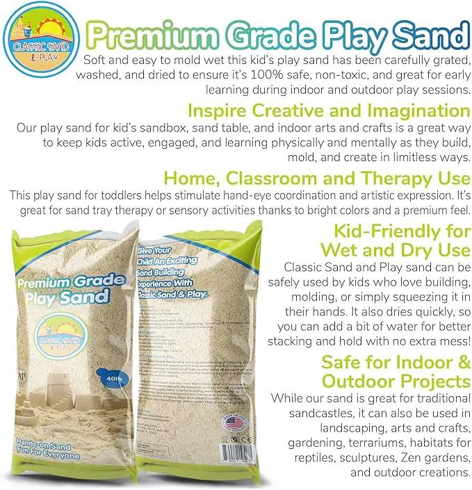 Classic Sand and Play Sand for Sandbox, Table, Therapy, and Outdoor Use, 40 lb. Bag, Natural, Non-Toxic, Wet Castle Building for Creativity and Stimulates Sensory Skills by GreenHaven Gardens