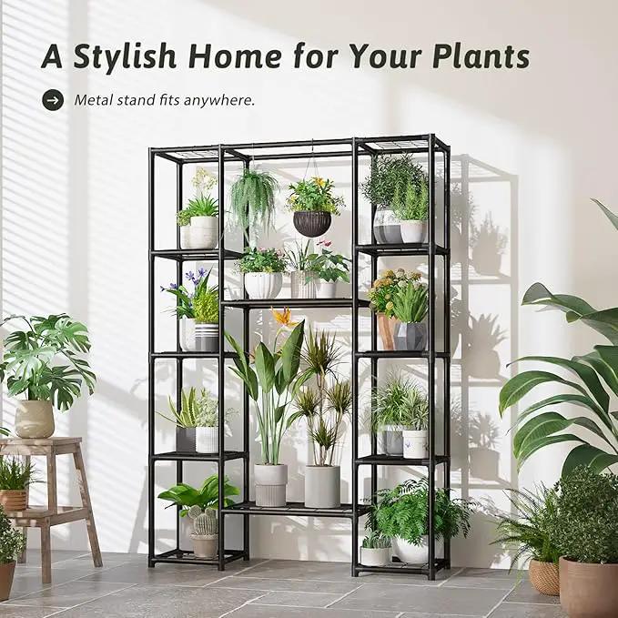 Plant Stand Outdoor Tall Plant Shelf Indoor Metal Large Hanging Plant Cabinet Waterproof Plant Rack Flower Holder for Living Room Patio Balcony Garden Black by GreenHaven Gardens