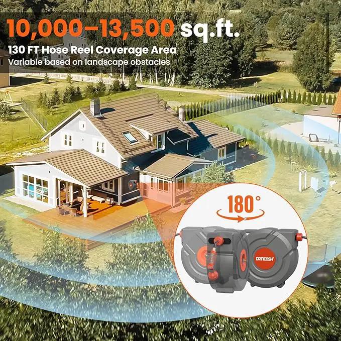 Upgraded Retractable Garden Hose Reels 130 ft X 1/2" PRO Metal Bracket 180° Swivel Any Length Lock Heavy Duty Water Hose Reels Wall Mount 9 Pattern Nozzle Garden Watering by GreenHaven Gardens