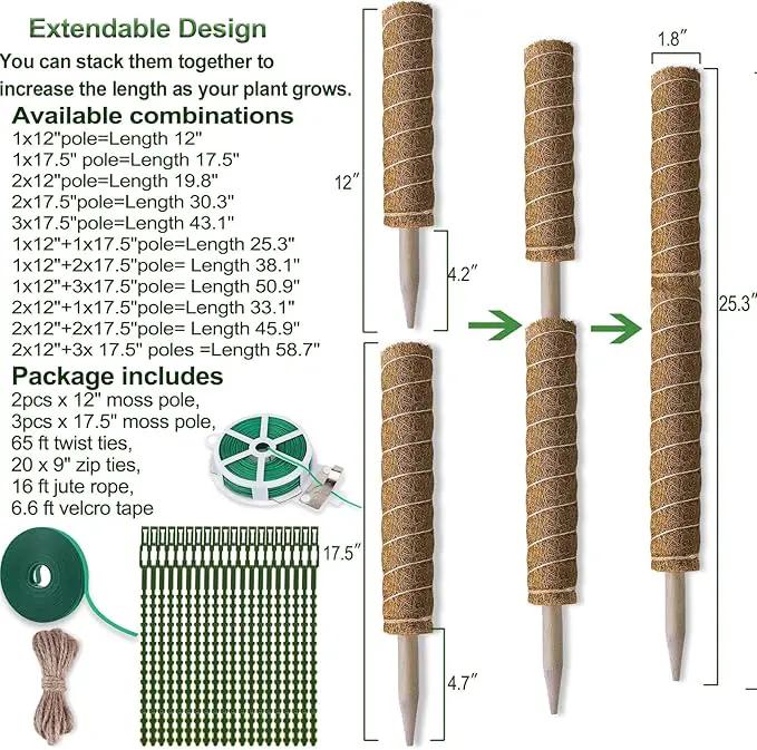 Moss Pole 58.7 Inch - Monstera Plant Support 5 Pack, 17.5" and 12" Plant Stakes for Indoor Plants Coco Coir Moss Pole Sticks for Climbing Potted Live Plants, Pothos, Philodendron by GreenHaven Gardens