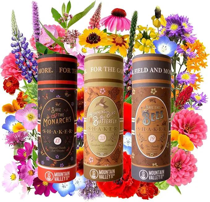 Pollinator Wildflower Seed Shaker Collection - ~300,000+ Wild Flower Seeds for Planting - Includes Hummingbird & Butterfly, Save The Monarchs, and Save The Bees Wildflower Mixes - Covers ~1,000 sq ft… by GreenHaven Gardens