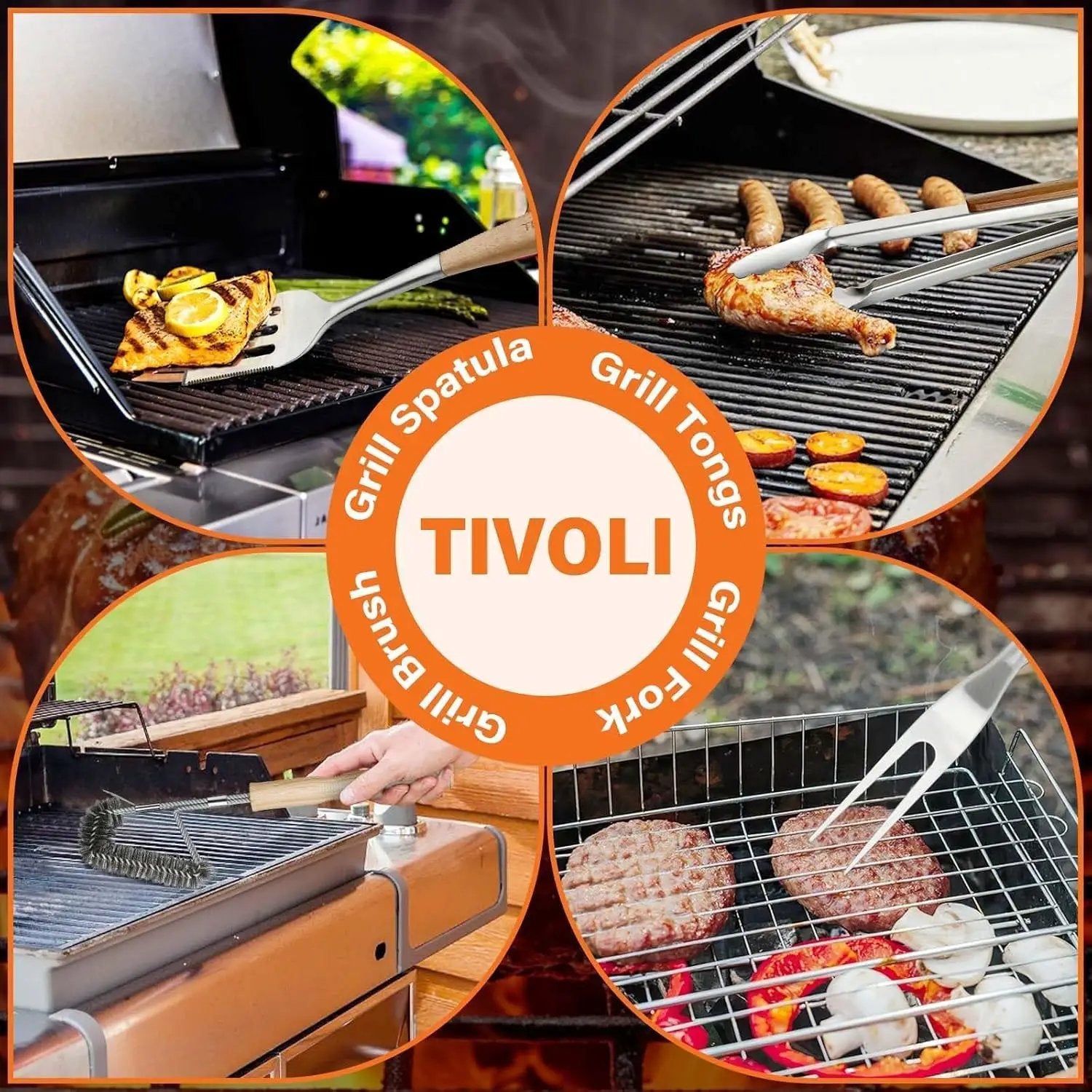 TIVOLI 4PCS Grilling Accessories, Heavy Duty BBQ Tool Set with Stainless Steel Spatula, Tongs, Fork, Cleaning Brush, Wood Handles Barbecue Utensils Kit for Outdoor, Perfect Grill Gifts for Dad Men by GreenHaven Gardens