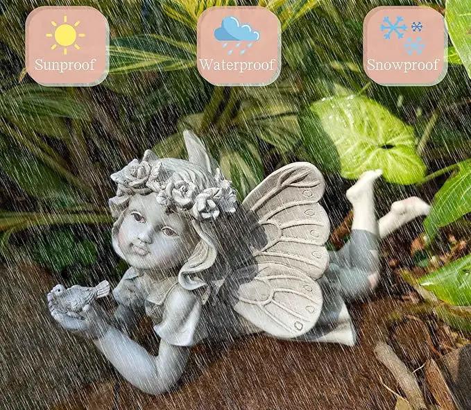MeritMode Fairy Flower Garden Outdoor Statue - Angel Holding Bird and Butterfly, 11" Width, Cherub Decor and Grandma Gifts, Patio and Yard by GreenHaven Gardens