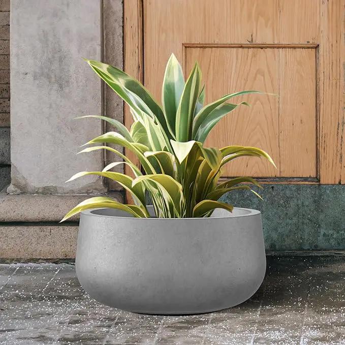 Kante 15.7" Dia Round Concrete Planter, Outdoor Indoor Garden Plant Pots with Drainage Hole and Rubber Plug, Modern Curvaceous Design, Natural Concrete by GreenHaven Gardens