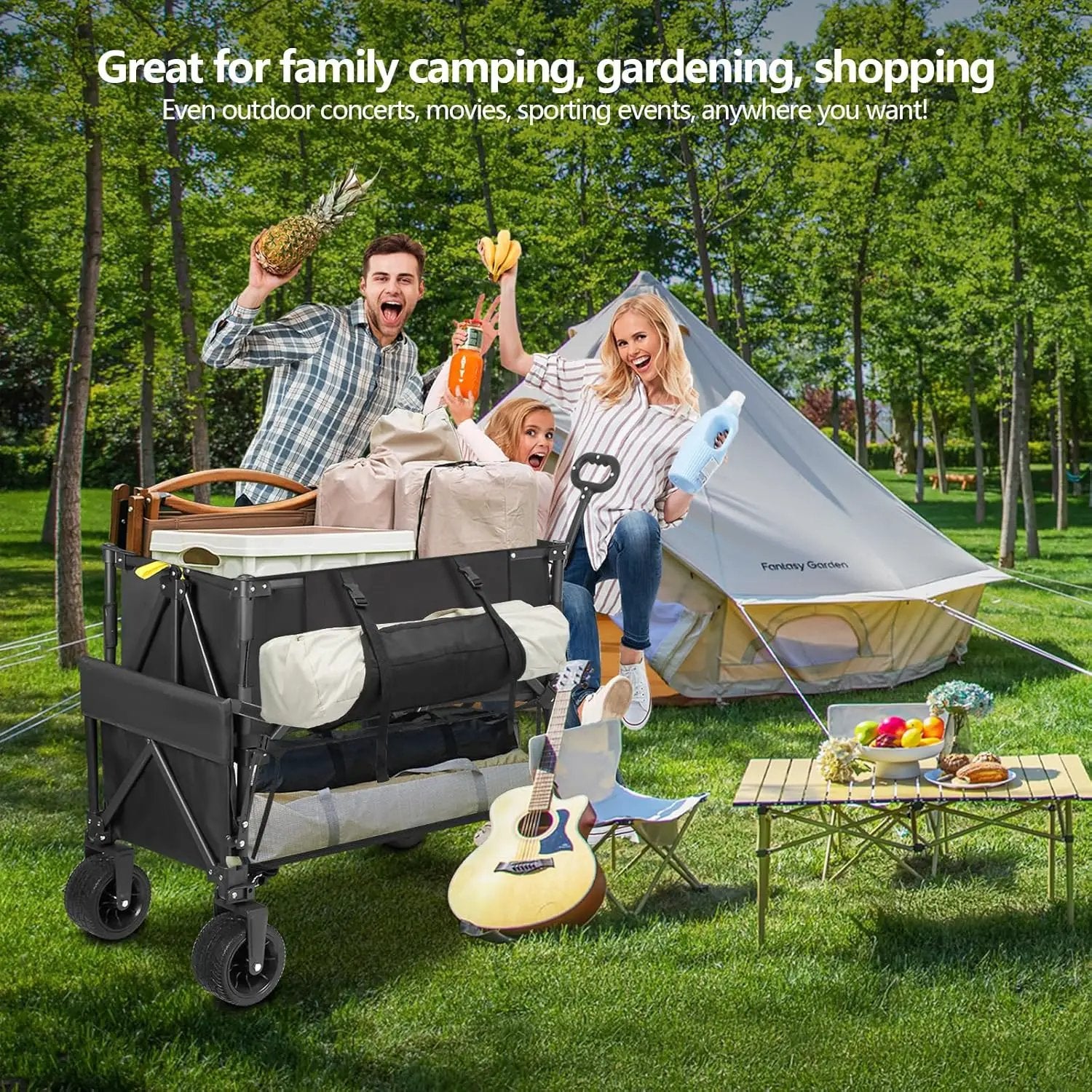 Double Decker Wagon Heavy Duty Collapsible, 600LBS 400L Capacity Foldable Utility Cart with Big Wheels for Beach, Outdoor, Camping & Gardening, Durable Steel Frame by GreenHaven Gardens