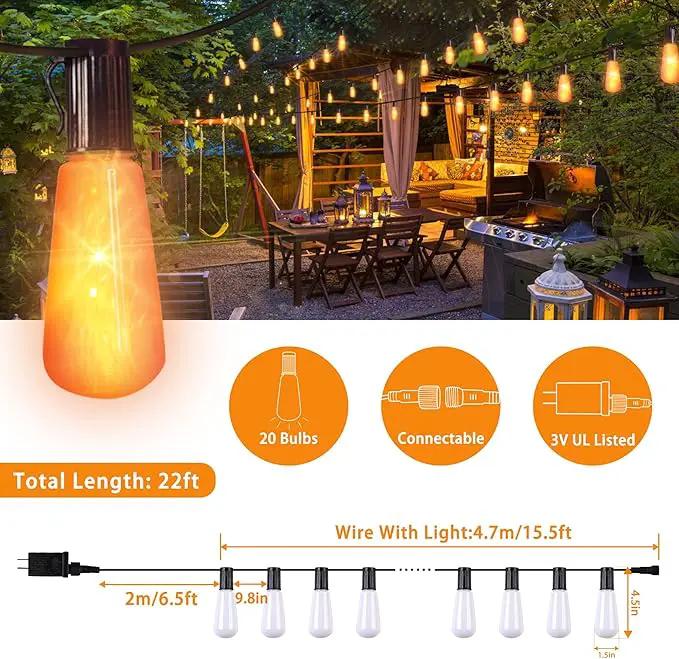 Flickering Flame String Lights - 22Ft 20LED for Outside, Plug-in Garden Decor - Halloween Christmas Indoor Outdoor, Connectable Backyard Decorative Cafe Bistro Patio by GreenHaven Gardens