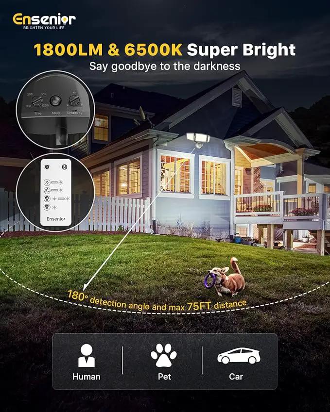 Ensenior 5 Motion Sensor Modes Solar Security Light, 1800LM 270° Wide Angle 3 Heads LED Flood Lights, IP65 Waterproof Wall Lights, Separate Solar Panel Remote Control Solar Lights Outdoor by GreenHaven Gardens