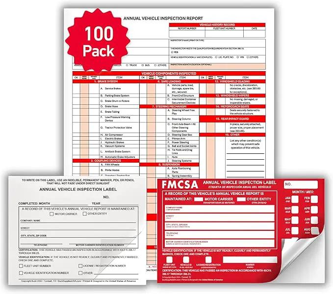 100 Pack 3-Ply Carbonless Annual Vehicle Inspection Report Forms with FMCSA Red Aluminum Labels & White Mylar Laminate Vinyl Labels, DOT Inspection Forms and Stickers, Shrink-Wrapped, 8.5" x 11.75" by GreenHaven Gardens