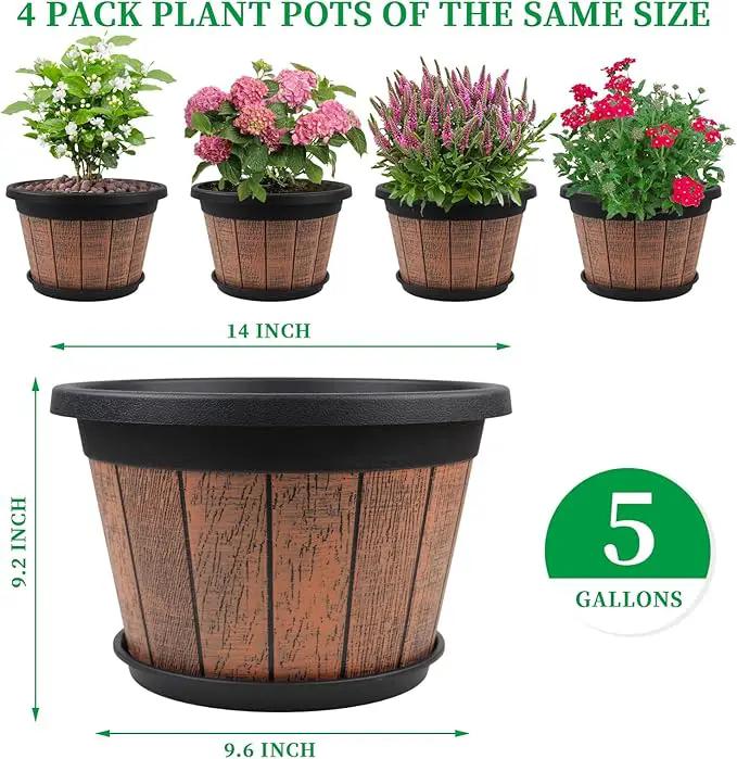 Quarut Large 4 Pack 14 inch Plant Pots,Whiskey Barrel Planters with Drainage Holes & Saucer,Plastic Decoration Flower Pots Retro Design,Planters for Outdoor Indoor Garden Balcony Plants (Brown) by GreenHaven Gardens