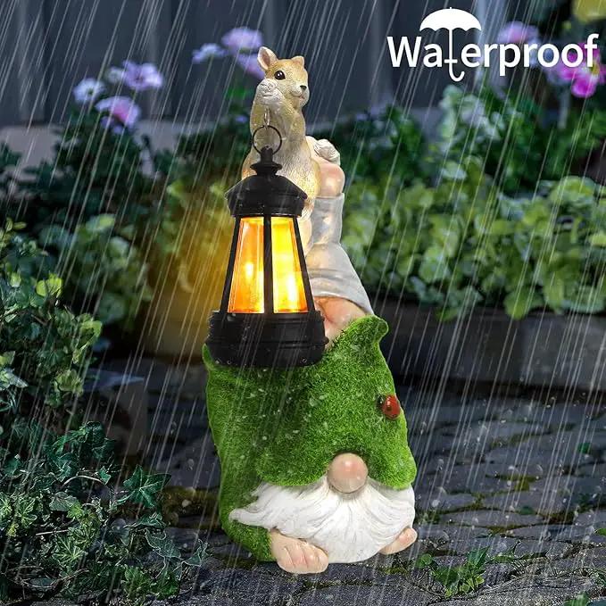 Garden Gnome with Squirrel Outdoor Statue,Flocked Gnome Statue Holding Lantern with Solar Lights,Outdoor Gnomes Decorations for Yard Patio Lawn Porch,Gifts for Mom by GreenHaven Gardens
