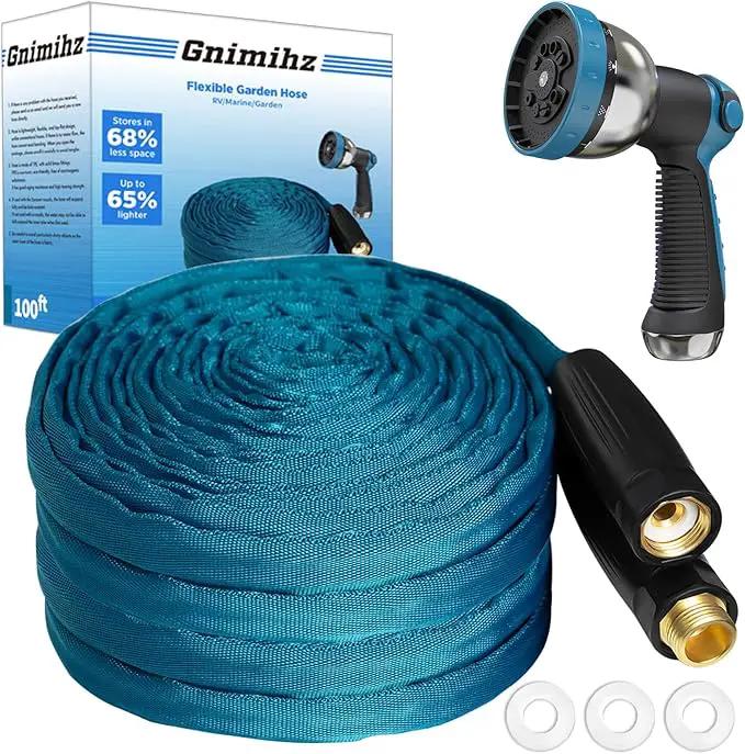 Garden Hose 100ft, Made of TPE(Not PVC), Ultra-Light & Flexible Water Hose with Solid Brass Fittings, Non-Shrinking, Easy to Storage, Drinking Water Safe Material, All-weather, SeaBlue by GreenHaven Gardens
