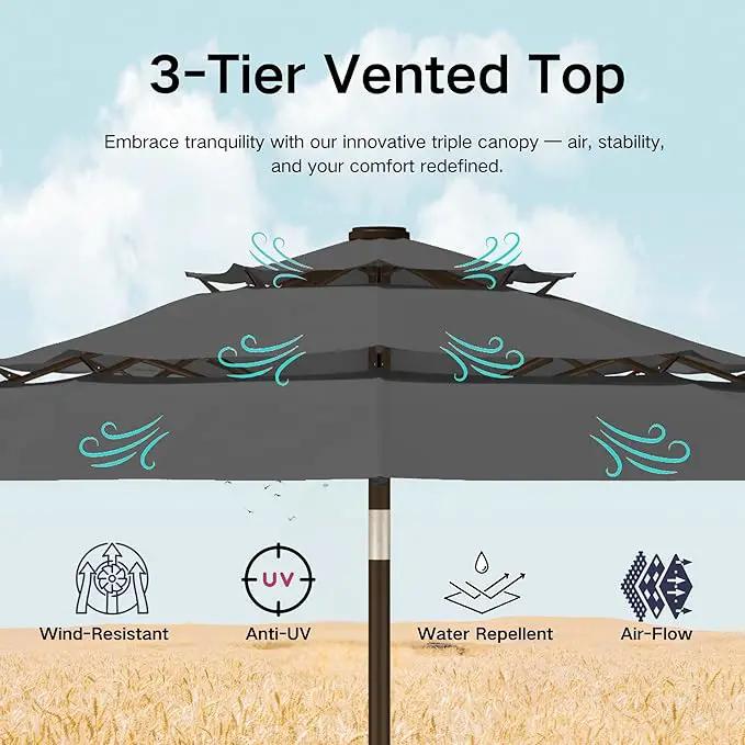 Kingdura 10ft 3-Tier Patio Umbrella with Solar Lights, Table Umbrella Outdoor Patio with Easy Crank & Tilt, 8 Sturdy Ribs, UV Protection, 32 LED Lights for Deck, Poolside, Market (Grey) by GreenHaven Gardens