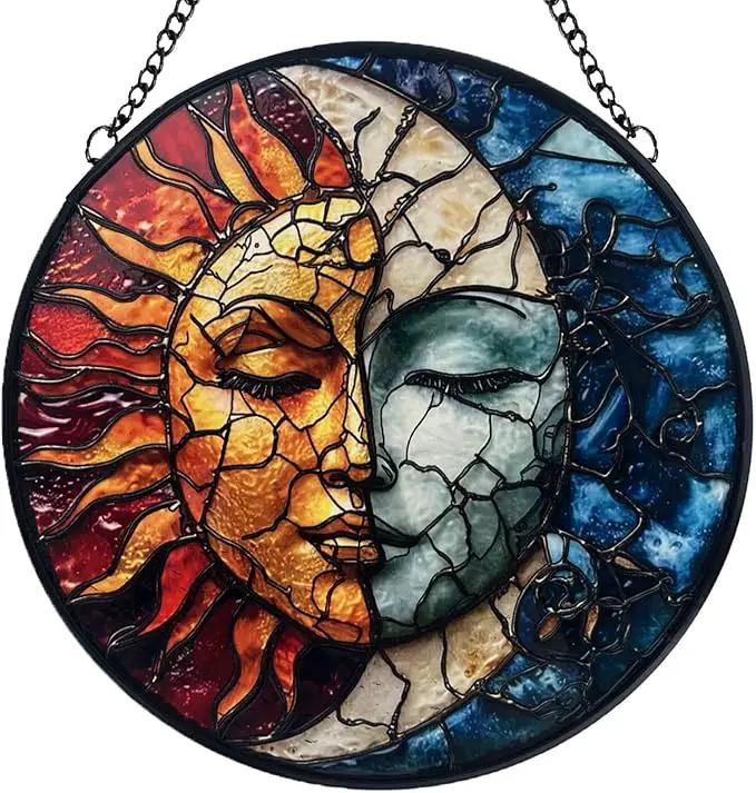 Sun and Moon Decor Suncatcher Stained Glass Window Hanging - Handmade Stained Glass Suncatchers Hanging Decoration with Metal Chain - Outdoor Garden Decor Gift for Women Christmas Thanksgiving Gifts by GreenHaven Gardens