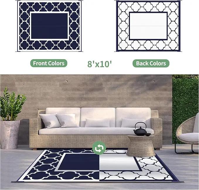 GENIMO Outdoor Rug 8' x 10' Patio Waterproof, Foldable Reversible Plastic Straw Area Rugs Mat for Camper Decor, Outside Carpet for Rv, Deck, Porch, Picnic, Beach, Balcony, Blue & White by GreenHaven Gardens