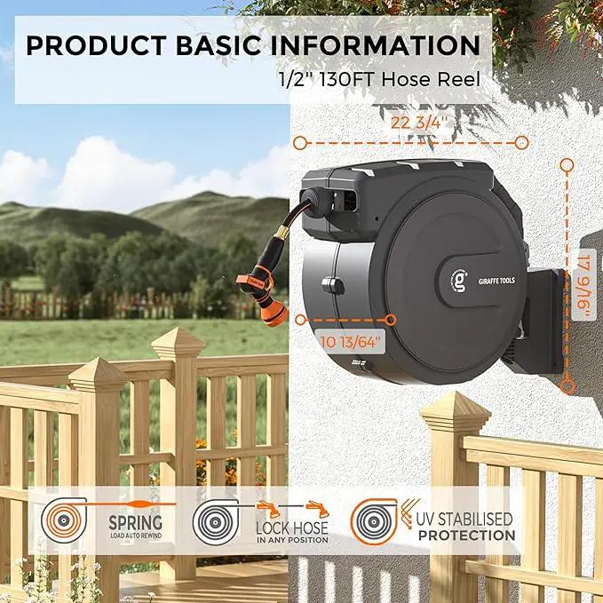 Giraffe Tools Retractable Garden Hose Reel 1/2 Inch x 130 ft, Super Heavy Duty, Any Length Lock, Slow Return System, Wall Mounted and 180 Deg Swivel Bracket by GreenHaven Gardens