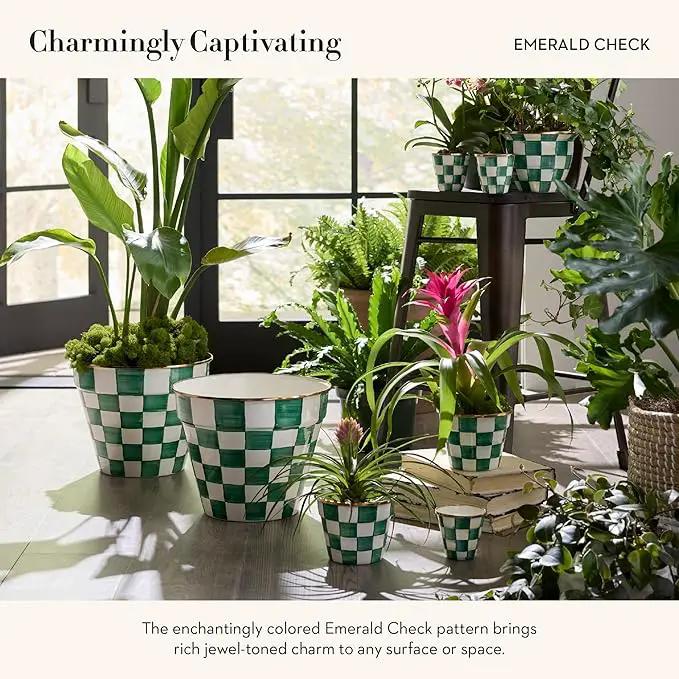 MACKENZIE-CHILDS Enamel Garden Pot, Decorative Pot for Plants, Outdoor Flowerpot Decor, Small, Green-and-White Emerald Check by GreenHaven Gardens