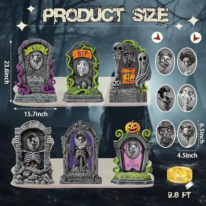 Hiboom 6 Set Large Halloween 3D Changing Face Rip Graveyard Tombstones and 23.6x15.7 Inch Halloween Skeleton Headstone 6 Pcs LED String Lights Halloween Decoration for Yard Garden Lawn by GreenHaven Gardens