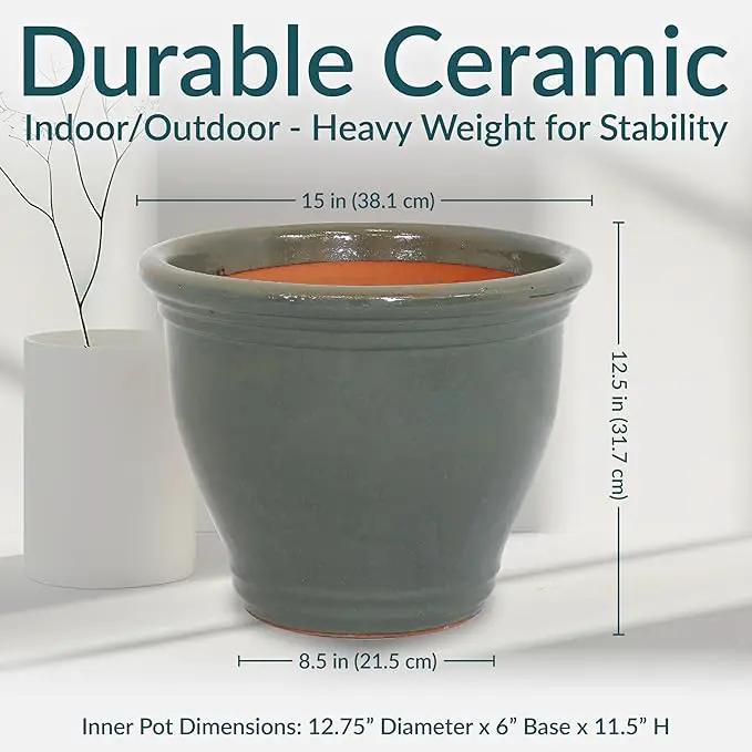 Sunnydaze 15" Large Ceramic Plant Pot - Round Outdoor Glazed Ceramic Planter Pot with Drainage - Gray - Studio by GreenHaven Gardens