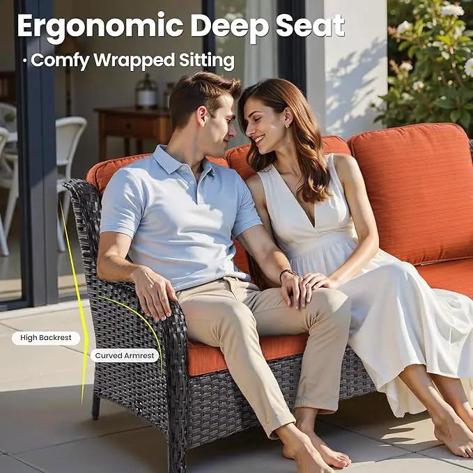 ovios 7 Pieces Patio Furniture Set, Outdoor Wicker Sofas with 4 Chairs, Ottomans and Comfy Cushions, All Weather High Back Couch Set for Deck Porch, Brown Rattan, Orange Red by GreenHaven Gardens