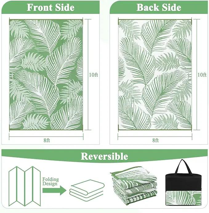 Pauwer Waterproof Outdoor Rug 8x10, Reversible Plastic Straw Patio Camping Rug, Indoor Outdoor RV Mat Carpet for Deck, Camper, Porch, Balcony, Backyard, Picnic, Leaf Green by GreenHaven Gardens