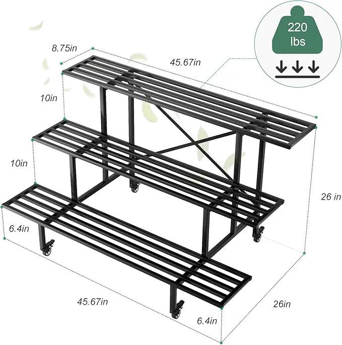 Zhongma 3 Tier Sturdy Metal Plant Stand with Wheels, L45.67 x W26 x H26 inch, Heavy Duty Plant Holder for Home Indoor and Outdoor, 660 LBS Capacity & Heavy Duty Construction by GreenHaven Gardens