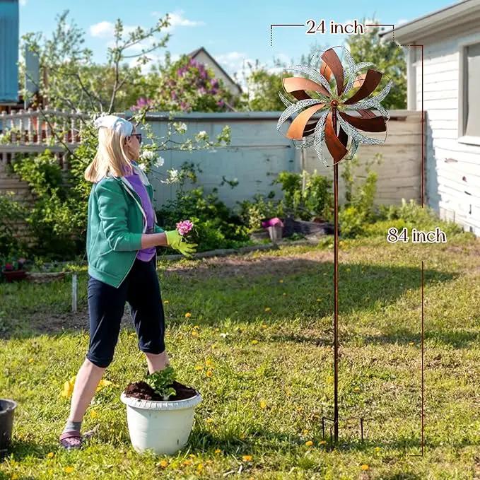 Garden Wind Spinner,Flower Wind Spinner,Outdoor Metal Wind Sculpture & Spinner Large 23 inch Dia 84 inch Height Kinetic Windmill for Garden Yard by GreenHaven Gardens