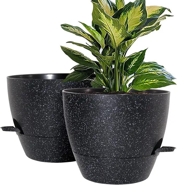 WOUSIWER 10 inch Self Watering Planters, 2 Pack Large Plastic Plant Pots with Deep Reservior and High Drainage Holes for Indoor Outdoor Plants and Flowers, Speckled Black by GreenHaven Gardens