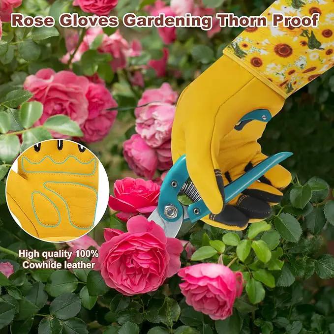 DLY Gardening Gloves for Women, Rose Gloves Gardening Thorn Proof, Long Garden Gloves for Women, Breathable Cowhide Leather Gauntlet (X-Large, Yellow by GreenHaven Gardens