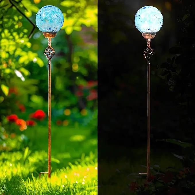 Garden Solar Lights, Decorative LED Honeycomb Glass Ball Garden Stake, Glass and Metal Outdoor Decoration, 4 x 31 Inch (Light Blue) by GreenHaven Gardens