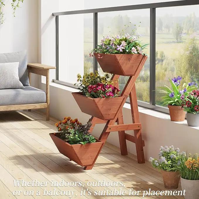 3-Tiers Wooden Raised Garden Bed,Wood Planter Box for Vegetable,Flower Rack,Flower Pot Stands,Indoor Outdoor Gardening Planting Beds (Brick red, Small) by GreenHaven Gardens