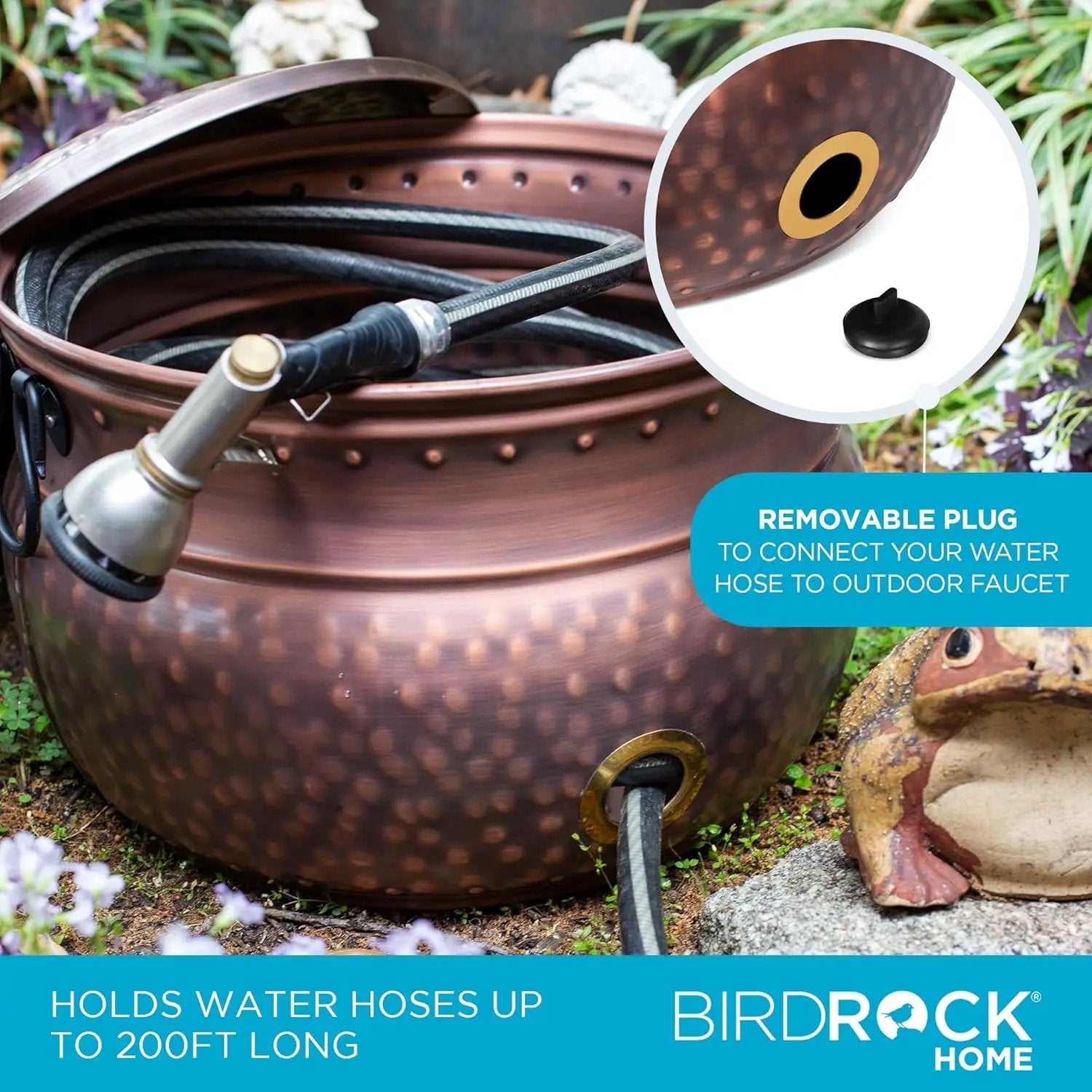 BirdRock Home Water Hose Holder with Lid | Ground Garden Hose Pot | Decorative | Handle | Embossed | Steel Metal with Copper Accents | Outdoor or Indoor Use by GreenHaven Gardens