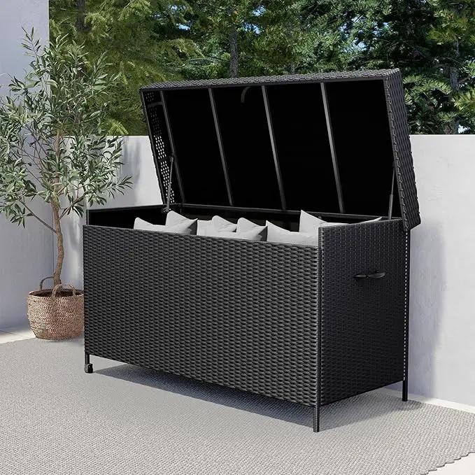 Grand patio 170 Gallon Deck Storage Box Deck Box Outdoor Storage Box Indoor Wicker Storage Bin Patio Storage Box for Patio Furniture Cushions Garden Tools Pool Accessories, Black by GreenHaven Gardens