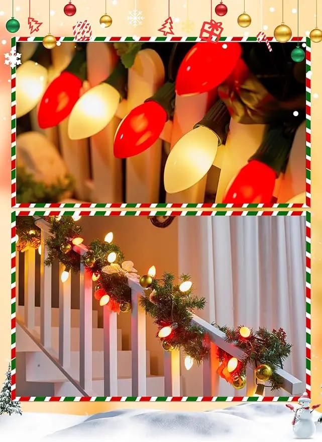 Vintage C9 LED Christmas Lights Outdoor, 50 Feet C9 String Lights with 50 Shatterproof Matte Bulbs, Connectable Waterproof Lights for Holiday Party Roofline Backyard Garden Patio, R & Warm White by GreenHaven Gardens