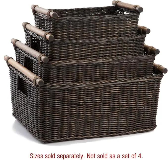 The Basket Lady Pole Handle Wicker Storage Basket, Medium, 16 in L x 12 in W x 8.25 in H, Antique Walnut Brown by GreenHaven Gardens