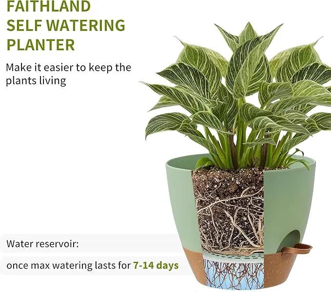 FaithLand 3-Pack Large Planter Pots, 12 10 9 Inch Self Watering Flower Pots for Indoor Outdoor Garden Plants, Green with Brown by GreenHaven Gardens